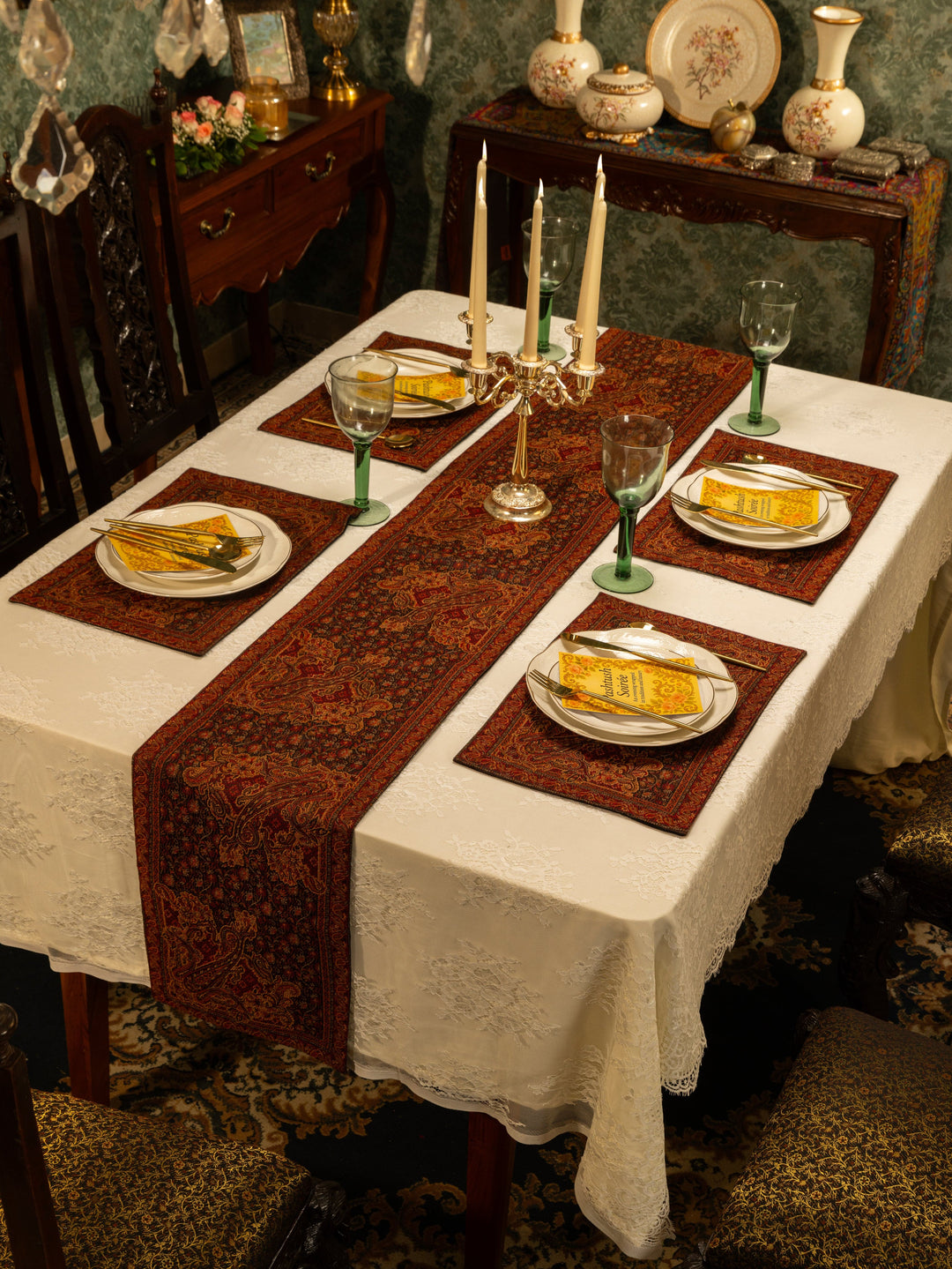 Pashtush India Gift Pack Pashtush Luxury Table Runner with Mats Set, Jamawar Collection, Espresso Brown
