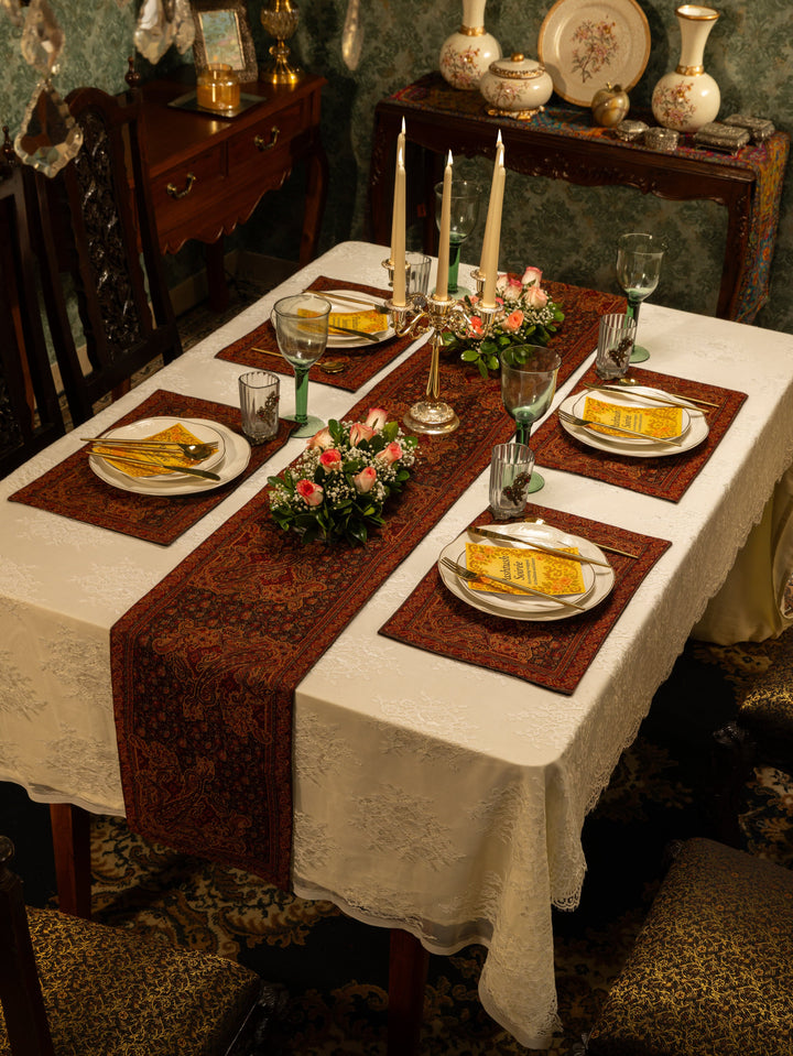 Pashtush India Gift Pack Pashtush Luxury Table Runner with Mats Set, Jamawar Collection, Espresso Brown