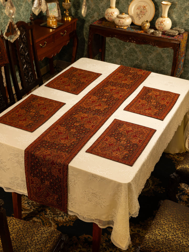 Pashtush India Gift Pack Pashtush Luxury Table Runner with Mats Set, Jamawar Collection, Espresso Brown