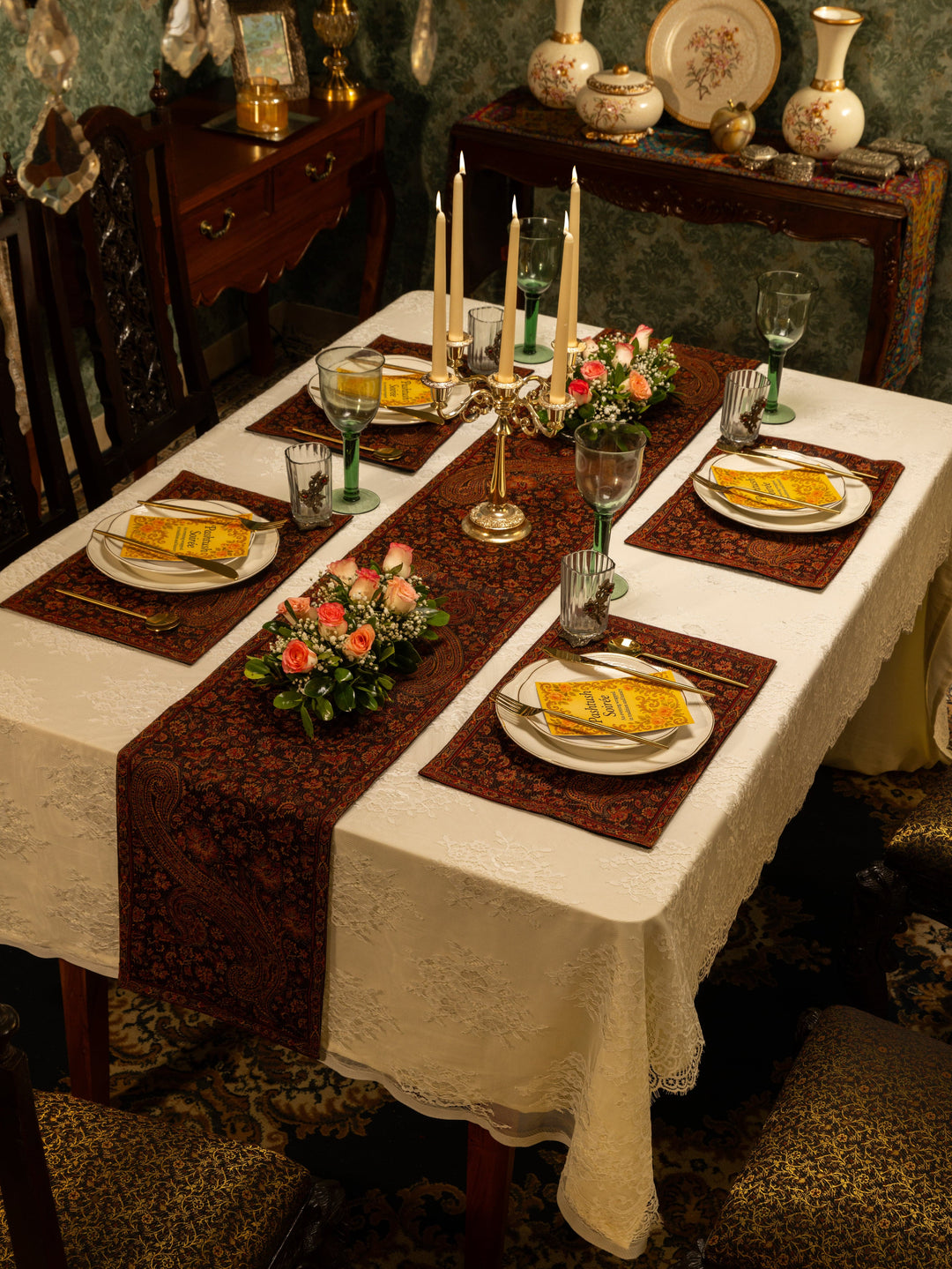 Pashtush India Gift Pack Pashtush Luxury Table Runner with Mats Set, Jamawar Collection, Espresso Brown