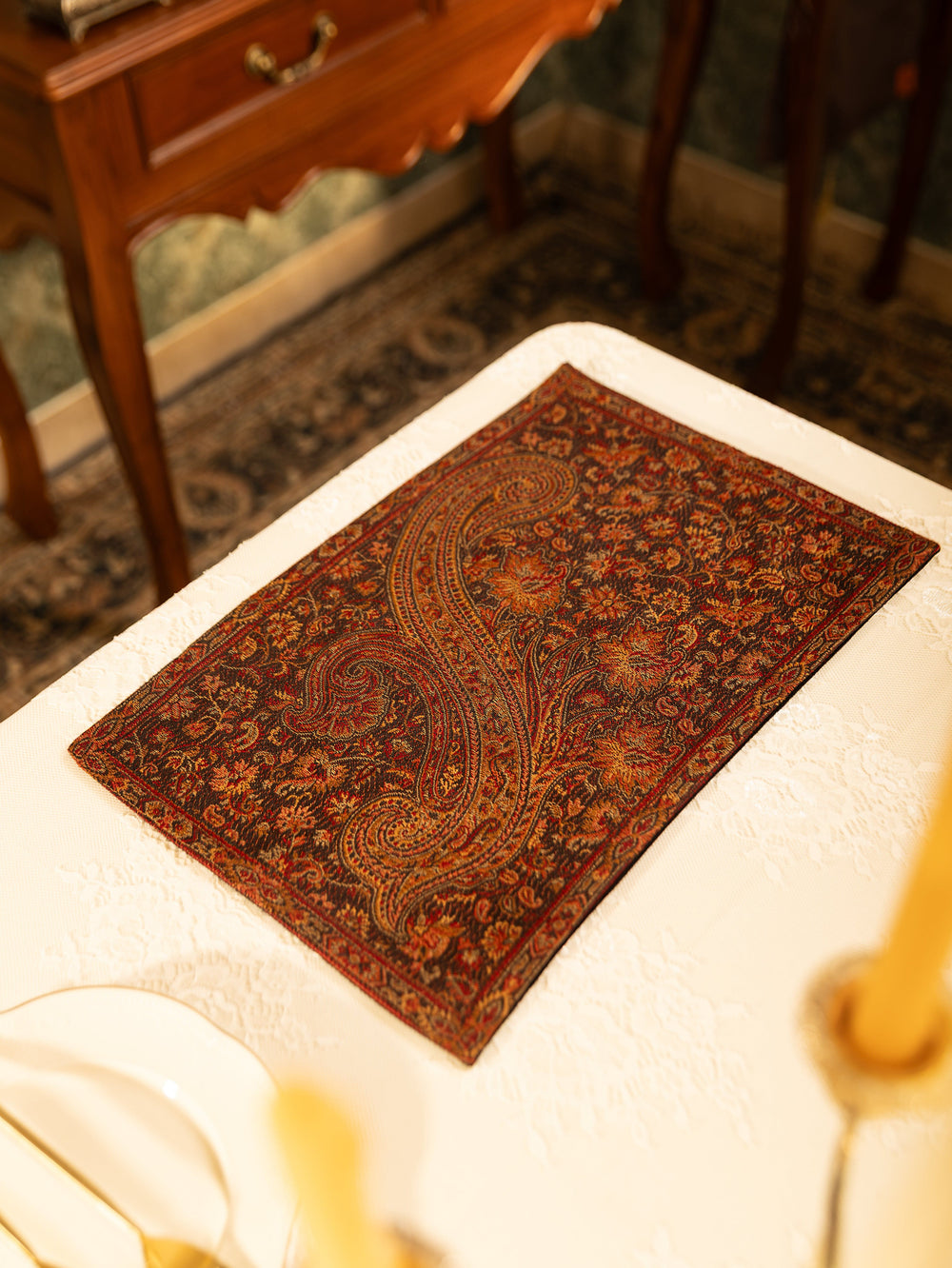 Pashtush India Gift Pack Pashtush Luxury Table Runner with Mats Set, Jamawar Collection, Espresso Brown