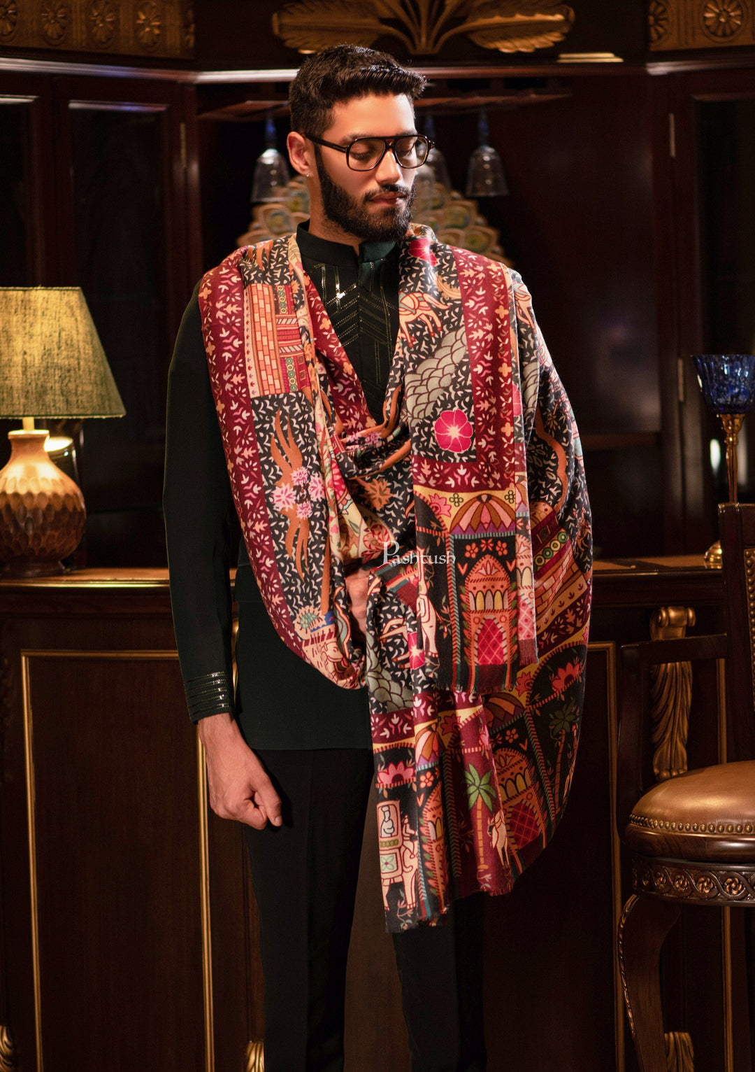 Pashtush India Mens Shawls Gents Shawl Pashtush men 100% Pure Wool with Woolmark Certificate shawl, Darbar printed design, Multicolour