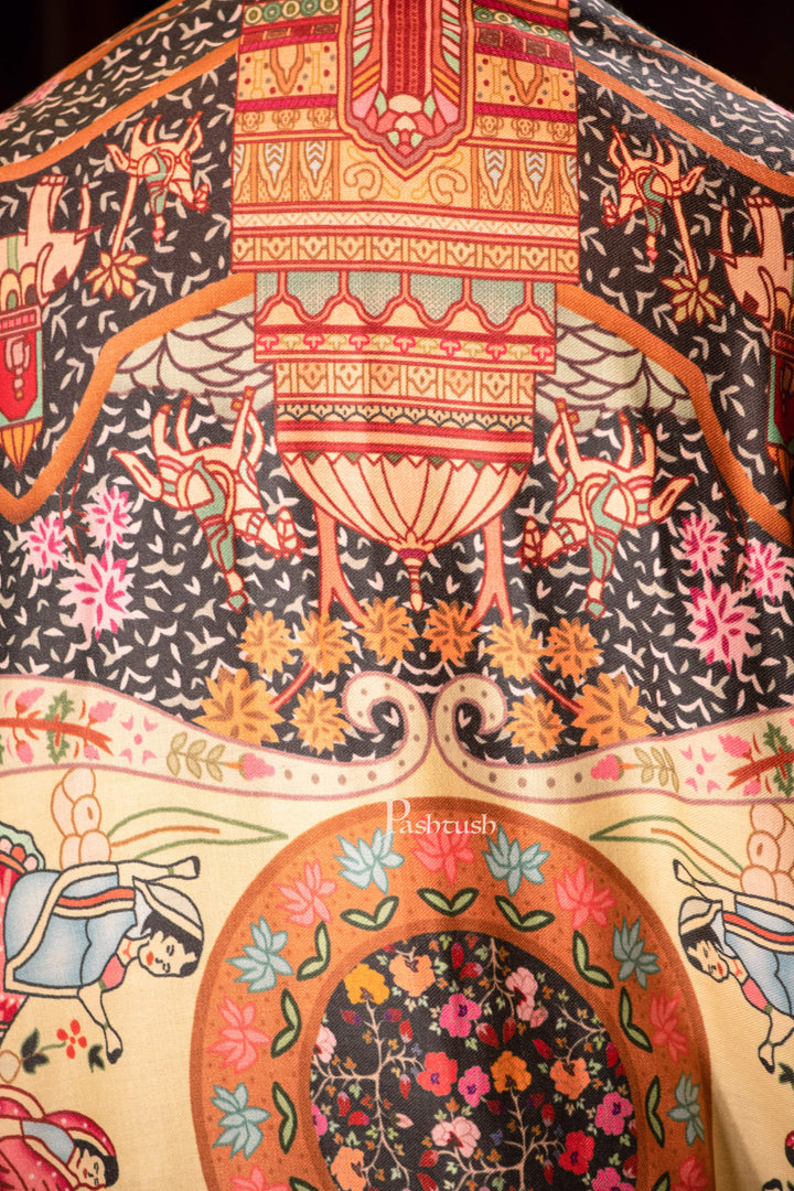 Pashtush India Mens Shawls Gents Shawl Pashtush men 100% Pure Wool with Woolmark Certificate shawl, Darbar printed design, Multicolour