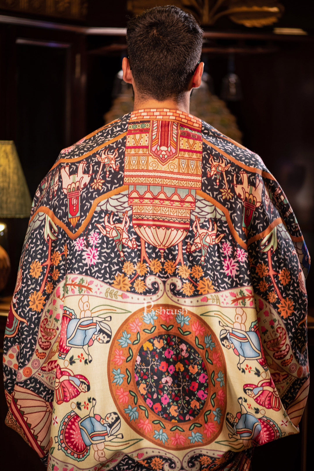 Pashtush India Mens Shawls Gents Shawl Pashtush men 100% Pure Wool with Woolmark Certificate shawl, Darbar printed design, Multicolour