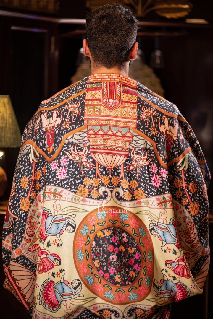 Pashtush India Mens Shawls Gents Shawl Pashtush men 100% Pure Wool with Woolmark Certificate shawl, Darbar printed design, Multicolour