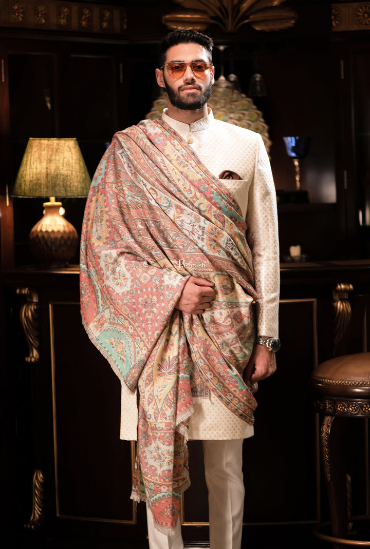 Pashtush India Mens Shawls Gents Shawl Pashtush men Extra Fine Wool shawl, Antique Weave, Ethnic Jamawar design, Ivory