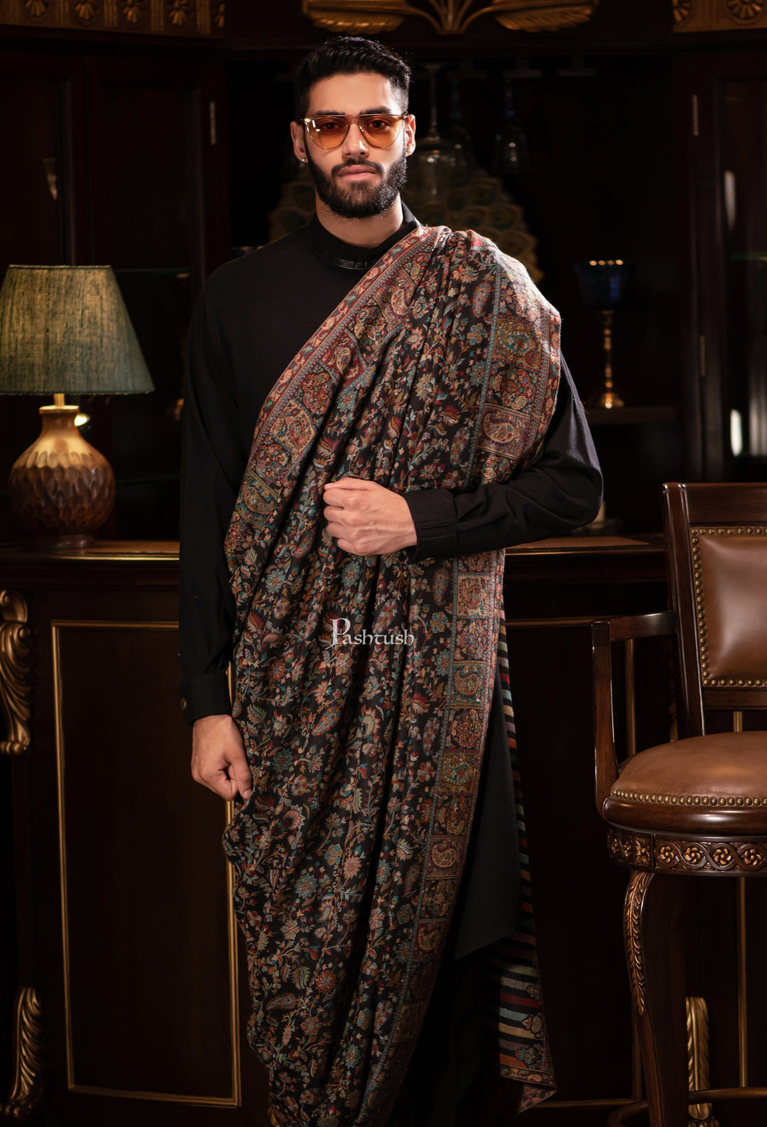 Pashtush India Mens Shawls Gents Shawl Pashtush men Extra Fine Wool shawl, ethnic design, Mens Lohi, Full size, Black