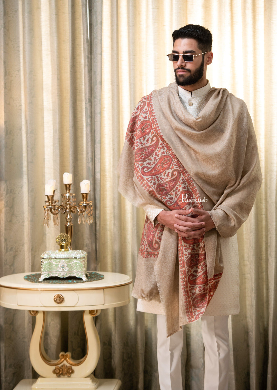 Pashtush India Mens Shawls Gents Shawl Pashtush men Extra Fine Wool shawl, Ethnic Palla design, Beige