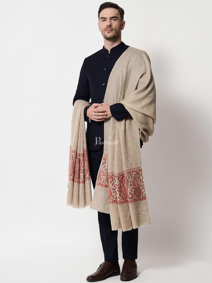 Pashtush India Mens Shawls Gents Shawl Pashtush men Extra Fine Wool shawl, Ethnic Palla design, Beige
