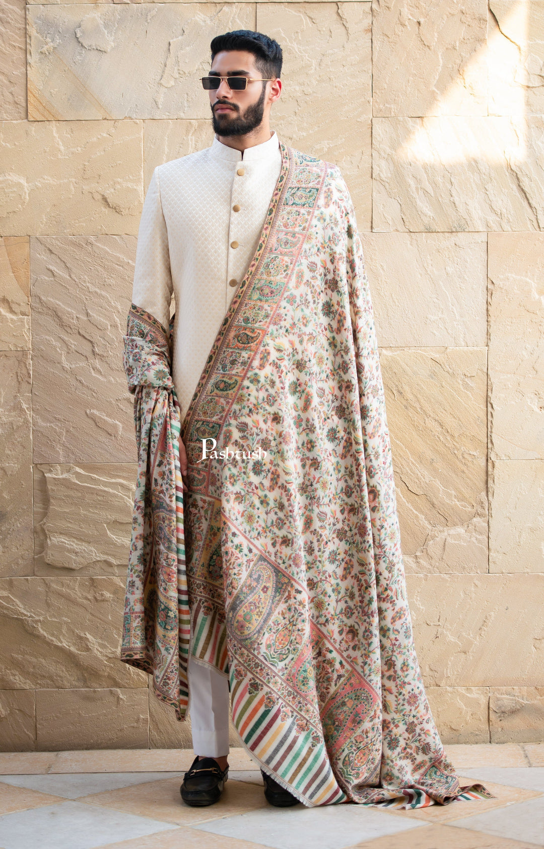 Pashtush India Mens Shawls Gents Shawl Pashtush men Extra Fine Wool shawl, Ethnic Weave, Full Size, Ivory