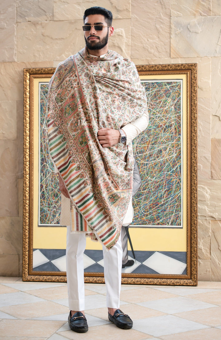 Pashtush India Mens Shawls Gents Shawl Pashtush men Extra Fine Wool shawl, Ethnic Weave, Full Size, Ivory