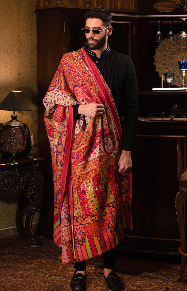 Pashtush India Mens Shawls Gents Shawl Pashtush men Fine Wool, Printed Paisley design, Multicolour