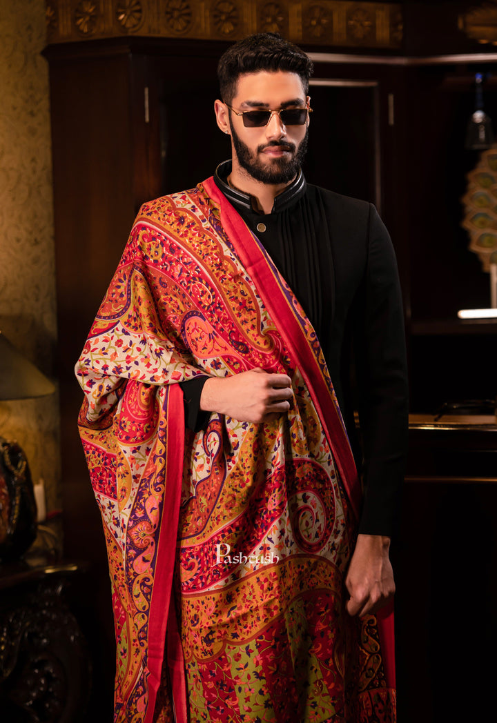Pashtush India Mens Shawls Gents Shawl Pashtush men Fine Wool, Printed Paisley design, Multicolour