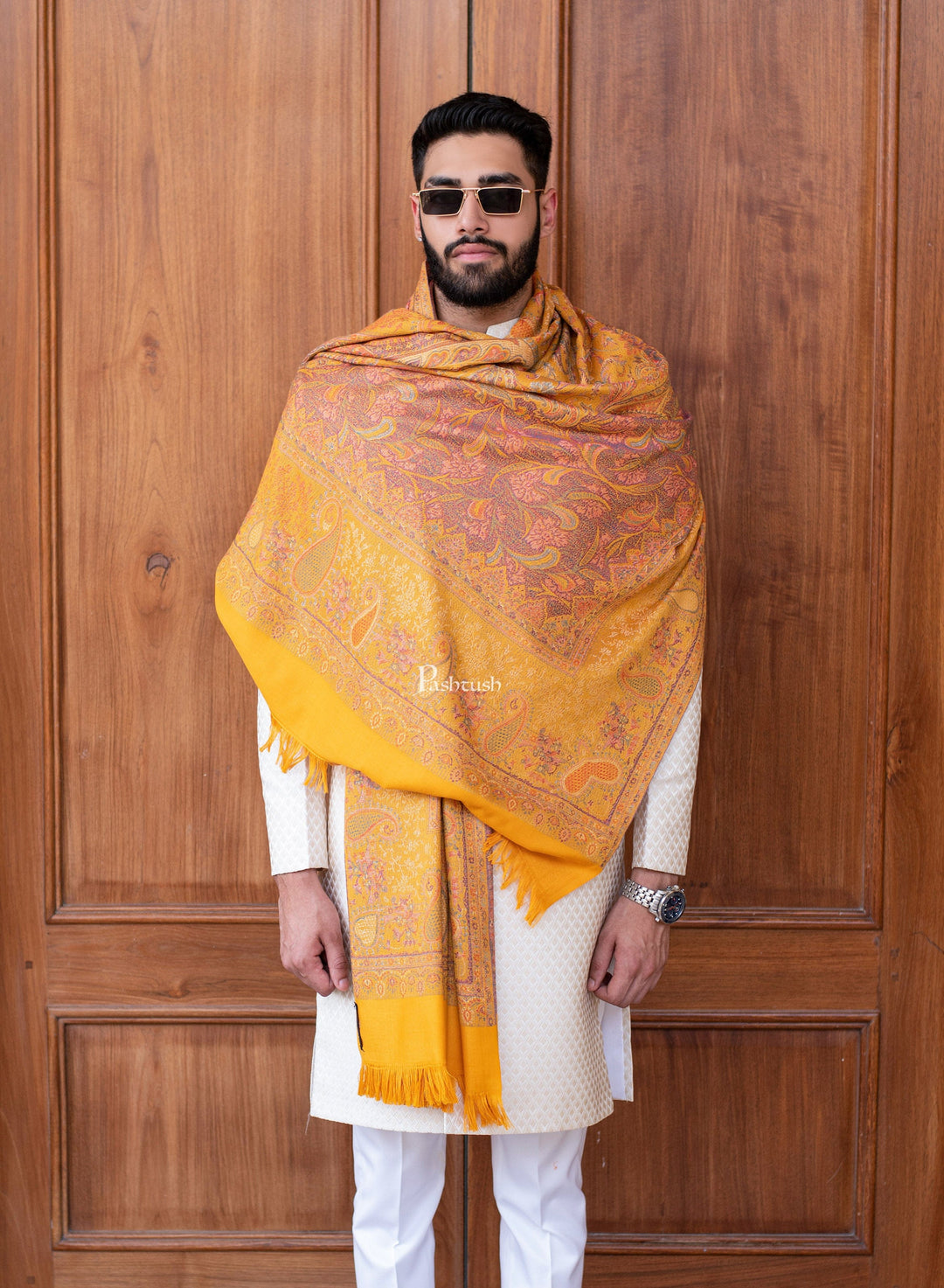 Pashtush Men Faux Pashmina Stole Ethnic design, Mustard