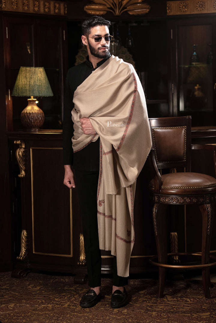 Pashtush India Mens Shawls Gents Shawl Pashtush men Hand Embroidery Woollen shawl, Kingri design, Full Size, Beige