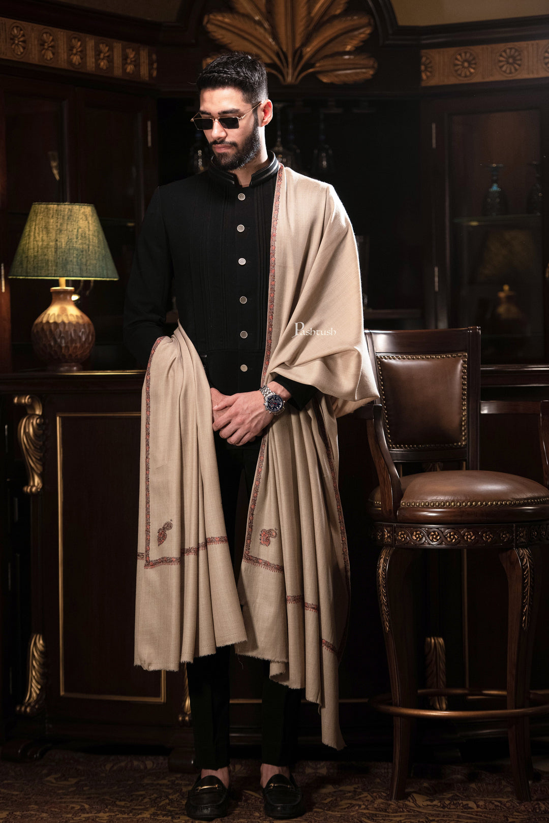 Pashtush India Mens Shawls Gents Shawl Pashtush men Hand Embroidery Woollen shawl, Kingri design, Full Size, Beige