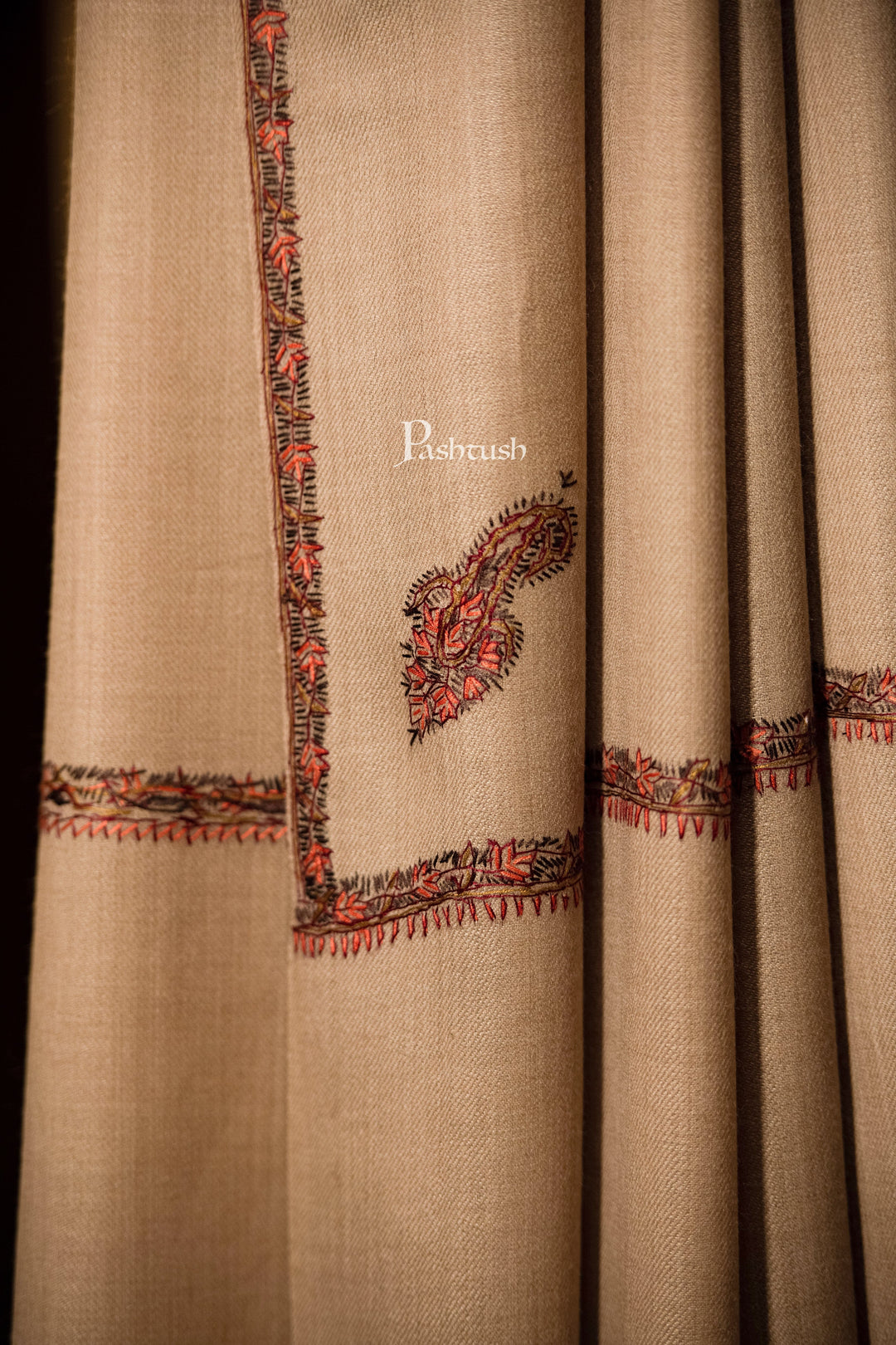 Pashtush India Mens Shawls Gents Shawl Pashtush men Hand Embroidery Woollen shawl, Kingri design, Full Size, Beige