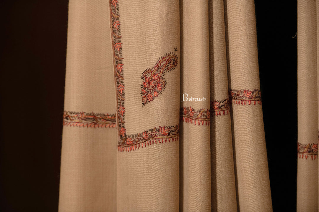 Pashtush India Mens Shawls Gents Shawl Pashtush men Hand Embroidery Woollen shawl, Kingri design, Full Size, Beige