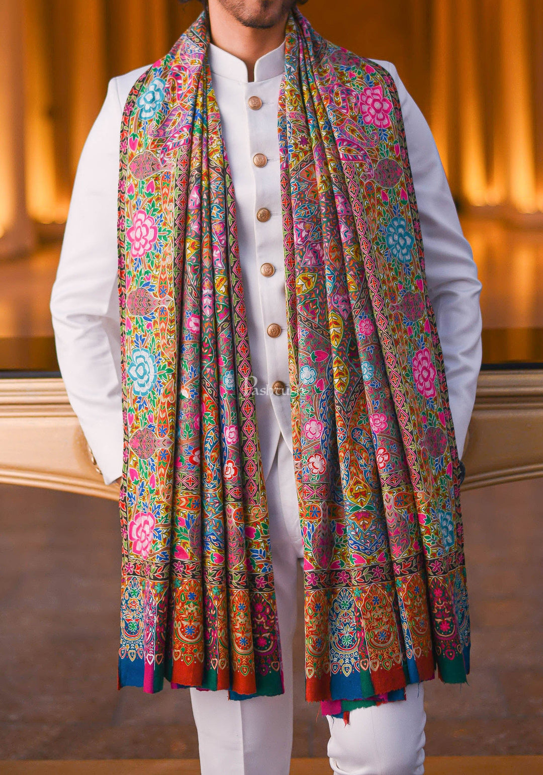 Pashtush India Womens Shawls Pashtush Men Pashmina Handmade Kalamkari Shawl, Multicoloured