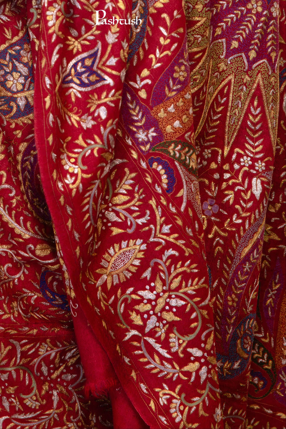 Pashtush India Mens Shawls Gents Shawl Pashtush Men's Pashmina Stole, Kashmiri Tilla Work, Handloom, Maroon