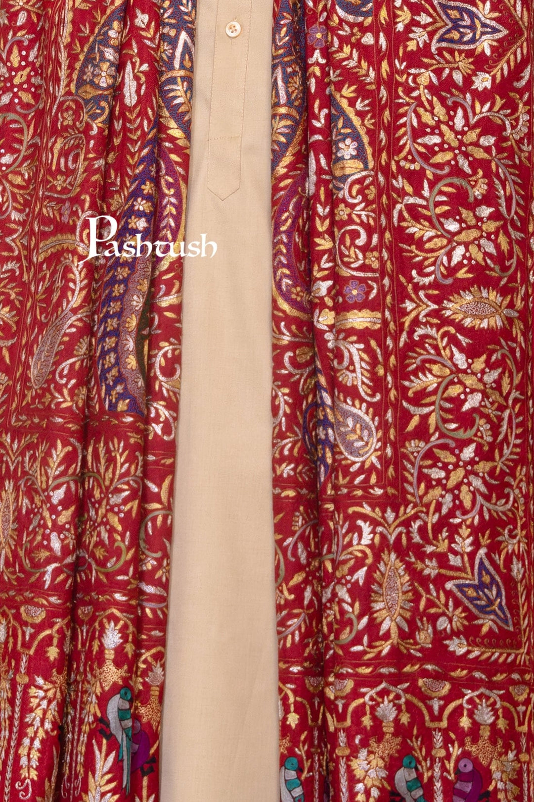 Pashtush India Mens Shawls Gents Shawl Pashtush Men's Pashmina Stole, Kashmiri Tilla Work, Handloom, Maroon
