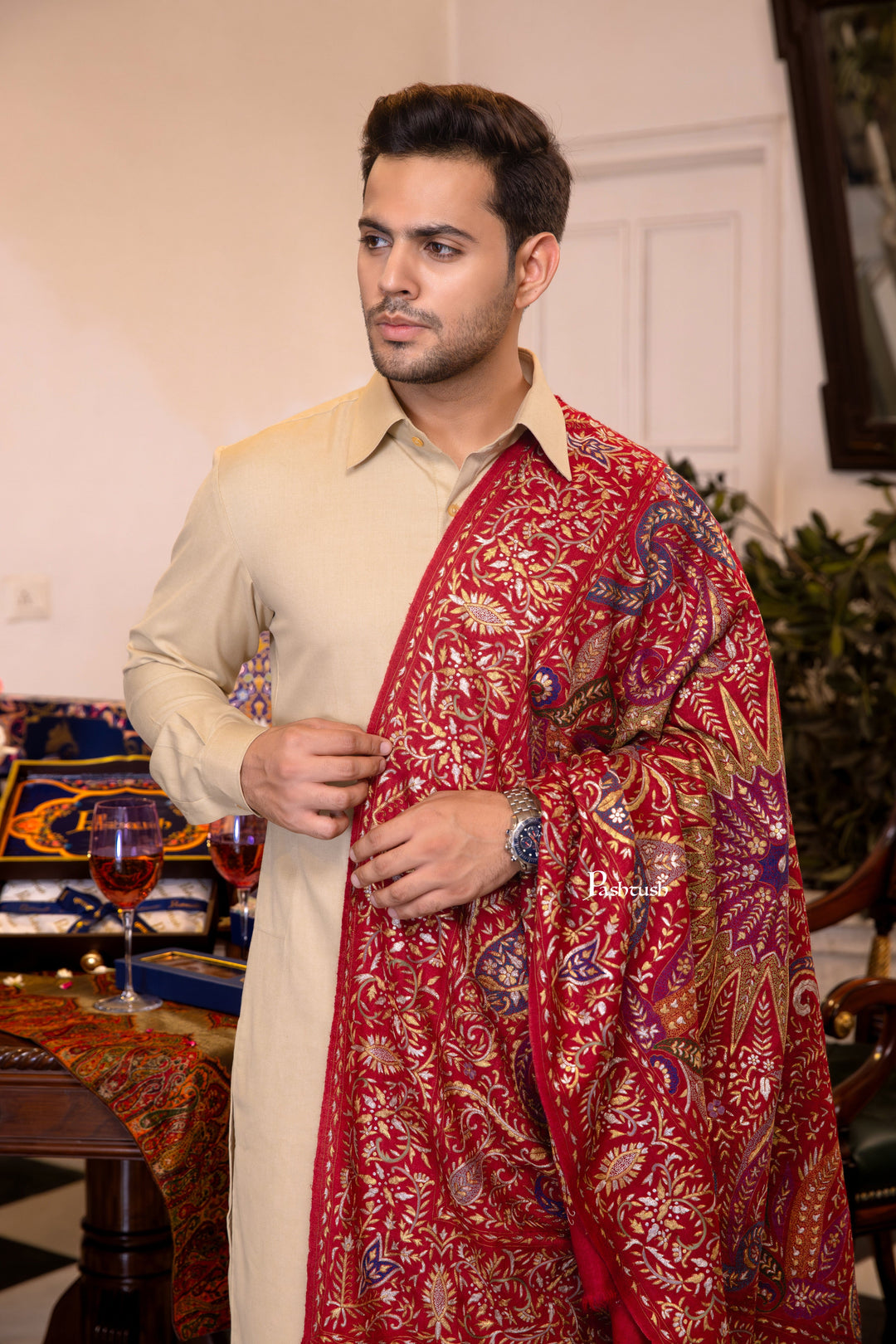 Pashtush India Mens Shawls Gents Shawl Pashtush Men's Pashmina Stole, Kashmiri Tilla Work, Handloom, Maroon