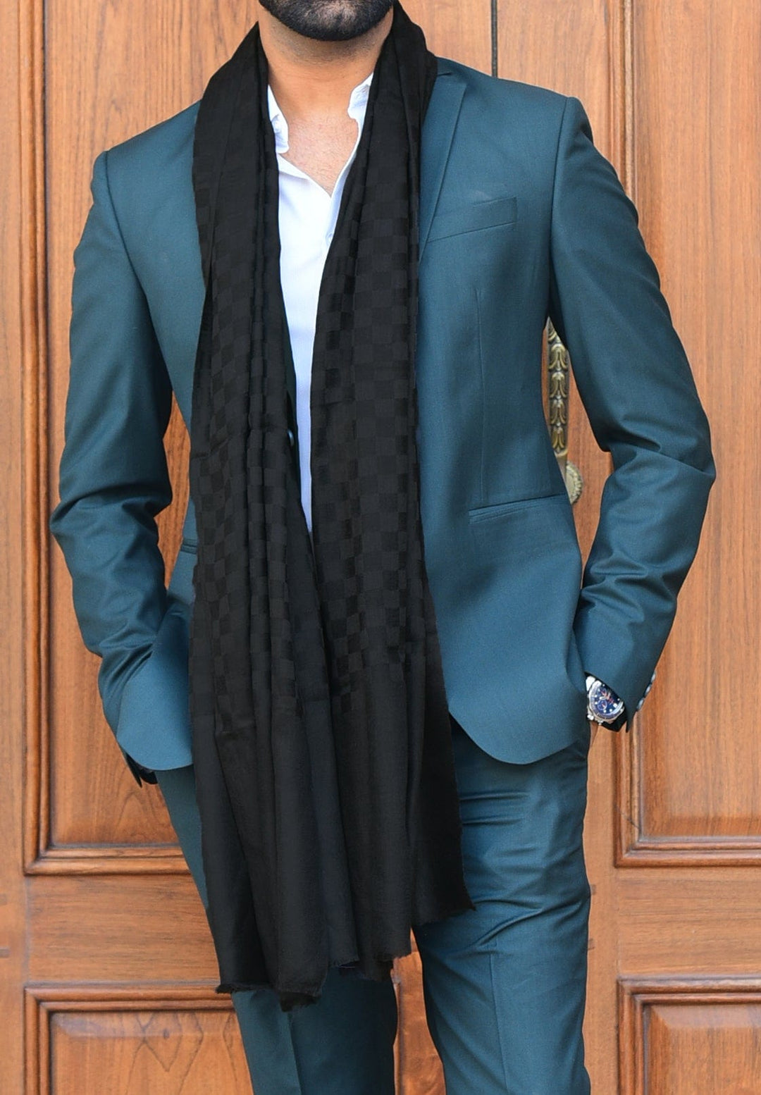 Pashtush Men'S Reversible Stole, Checkered Design Rich Black Pashtush Men'S Reversible Stole, Checkered Design Rich Black
