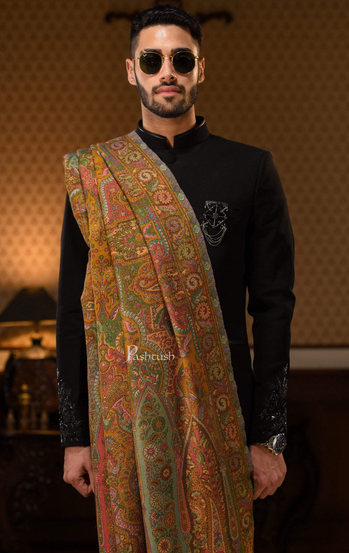 Pashtush India 100x200 Pashtush Mens 100% Certified Pure Wool, Woven Kalamkari Design Shawl, Mustard