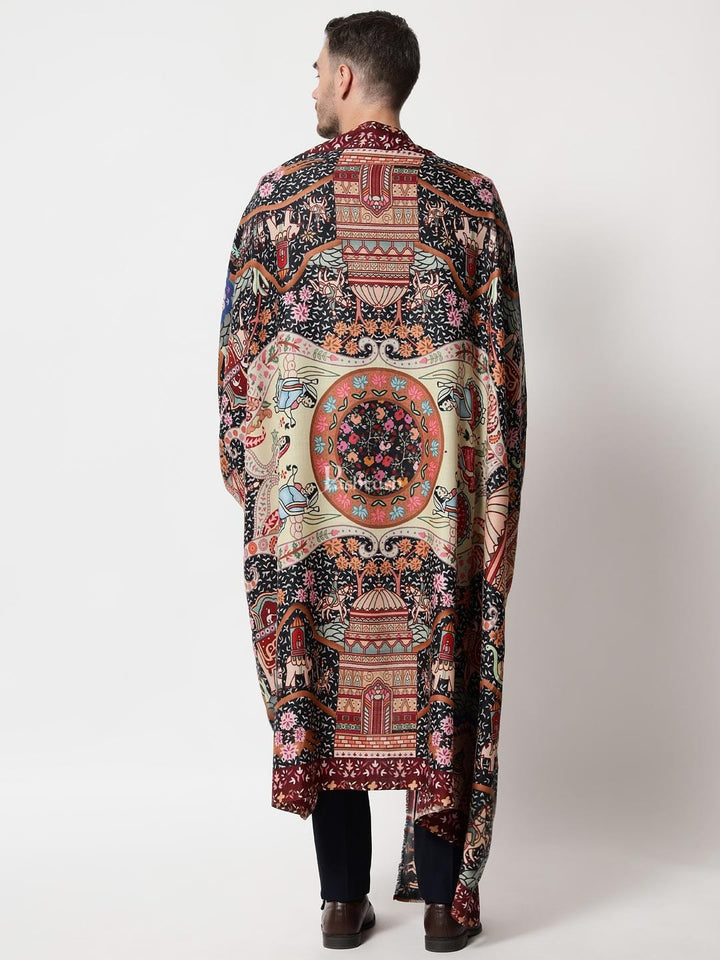 Pashtush India Mens Shawls Gents Shawl Pashtush mens 100% Pure Wool with Woolmark Certificate shawl, Darbar printed design, Multicolour