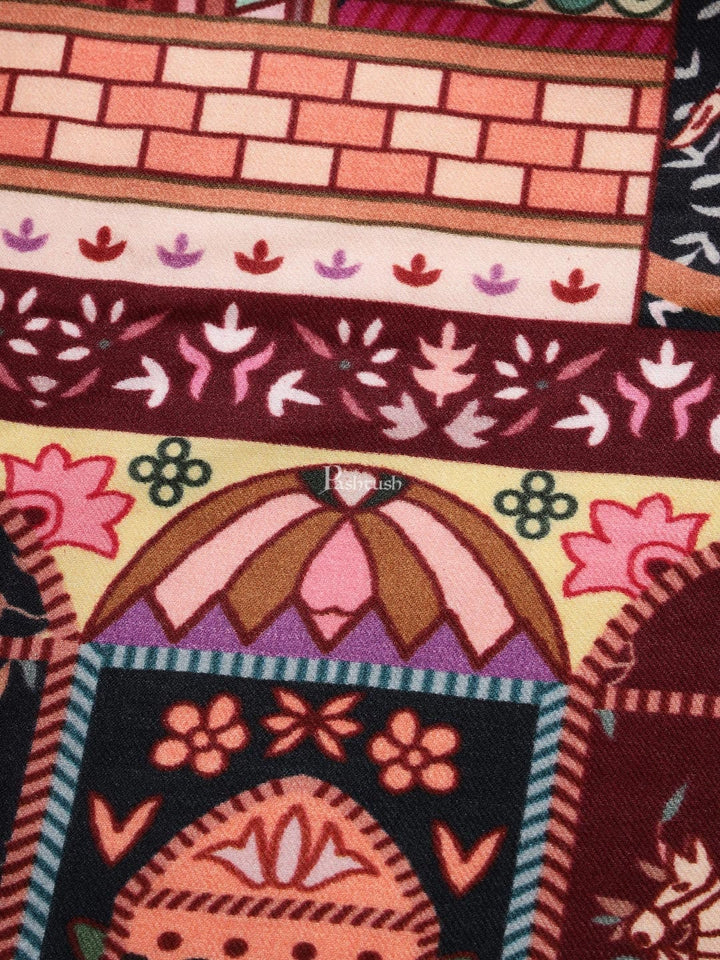 Pashtush India Mens Shawls Gents Shawl Pashtush mens 100% Pure Wool with Woolmark Certificate shawl, Darbar printed design, Multicolour