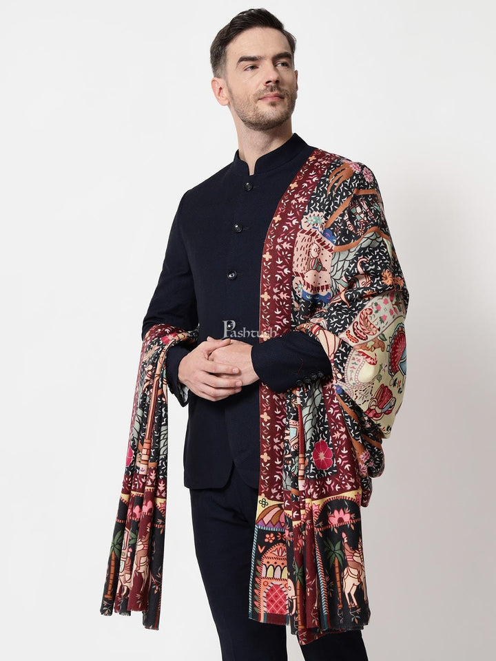 Pashtush India Mens Shawls Gents Shawl Pashtush mens 100% Pure Wool with Woolmark Certificate shawl, Darbar printed design, Multicolour