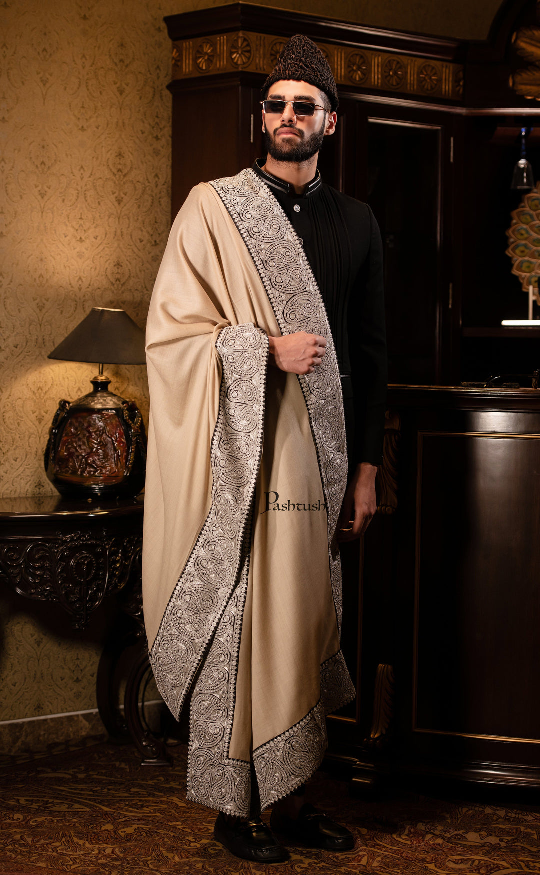 Pashtush India Mens Shawls Gents Shawl Pashtush mens 100% Pure Wool with Woolmark Certificate shawl, Meetallic Tilla border weave design, Beige