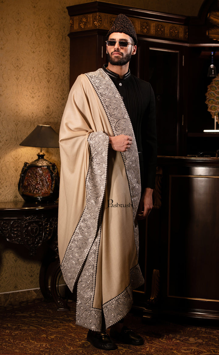 Pashtush India Mens Shawls Gents Shawl Pashtush mens 100% Pure Wool with Woolmark Certificate shawl, Meetallic Tilla border weave design, Beige