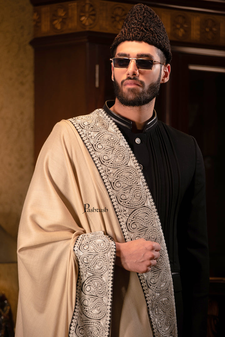 Pashtush India Mens Shawls Gents Shawl Pashtush mens 100% Pure Wool with Woolmark Certificate shawl, Meetallic Tilla border weave design, Beige