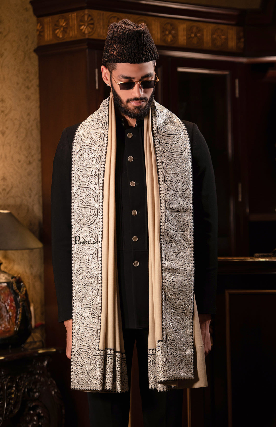 Pashtush India Mens Shawls Gents Shawl Pashtush mens 100% Pure Wool with Woolmark Certificate shawl, Meetallic Tilla border weave design, Beige