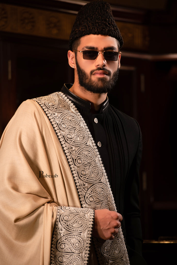 Pashtush India Mens Shawls Gents Shawl Pashtush mens 100% Pure Wool with Woolmark Certificate shawl, Meetallic Tilla border weave design, Beige