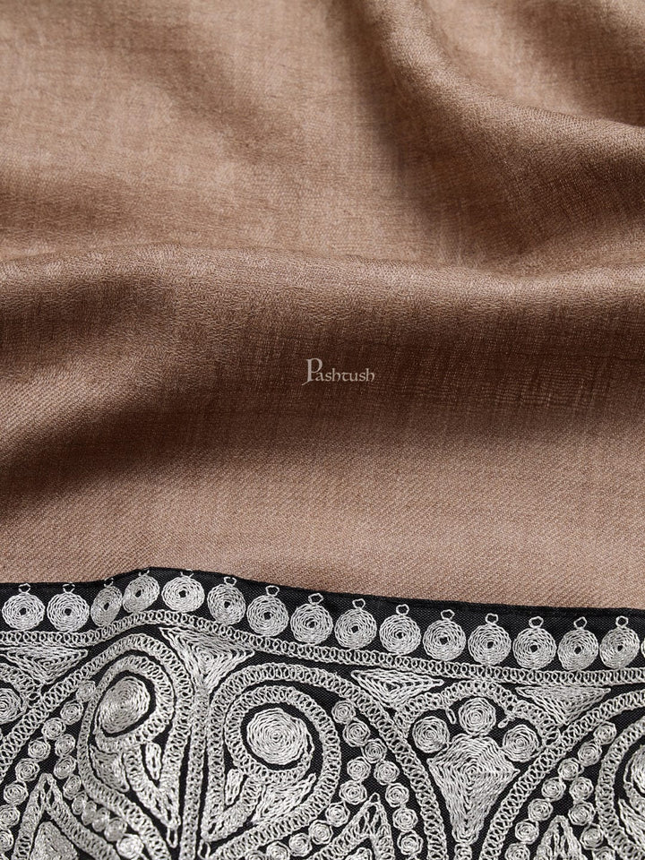Pashtush India Mens Shawls Gents Shawl Pashtush mens 100% Pure Wool with Woolmark Certificate shawl, Meetallic Tilla border weave design, Beige