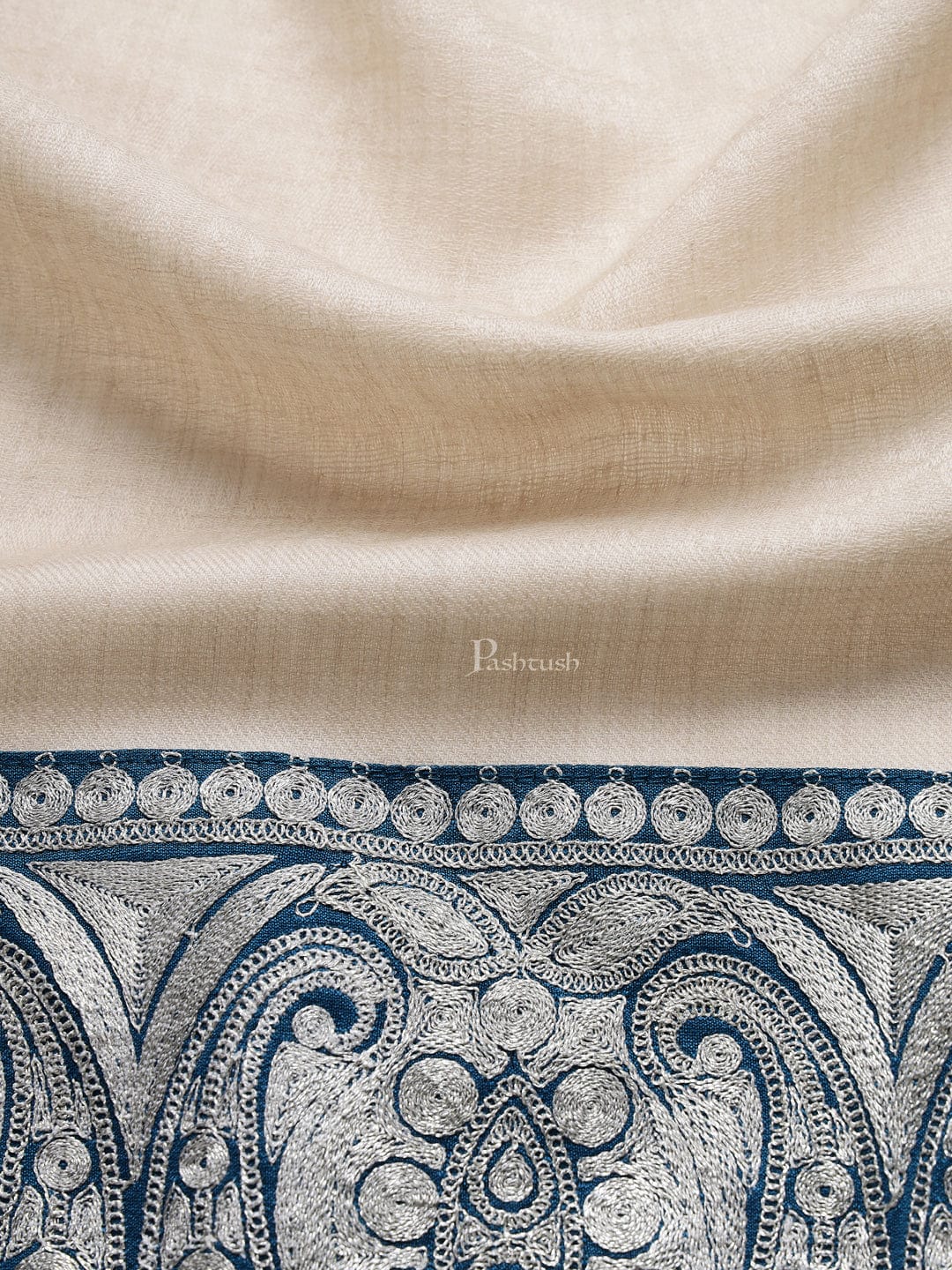 Pashtush India Mens Shawls Gents Shawl Pashtush mens 100% Pure Wool with Woolmark Certificate shawl, Metallic Tilla border weave design, Beige