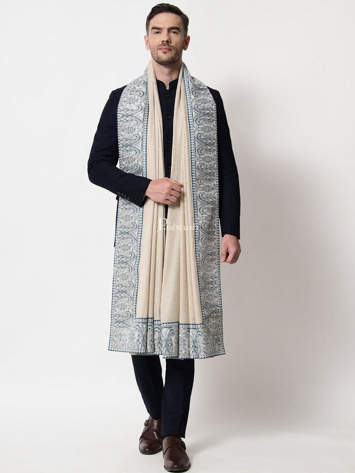 Pashtush India Mens Shawls Gents Shawl Pashtush mens 100% Pure Wool with Woolmark Certificate shawl, Metallic Tilla border weave design, Beige