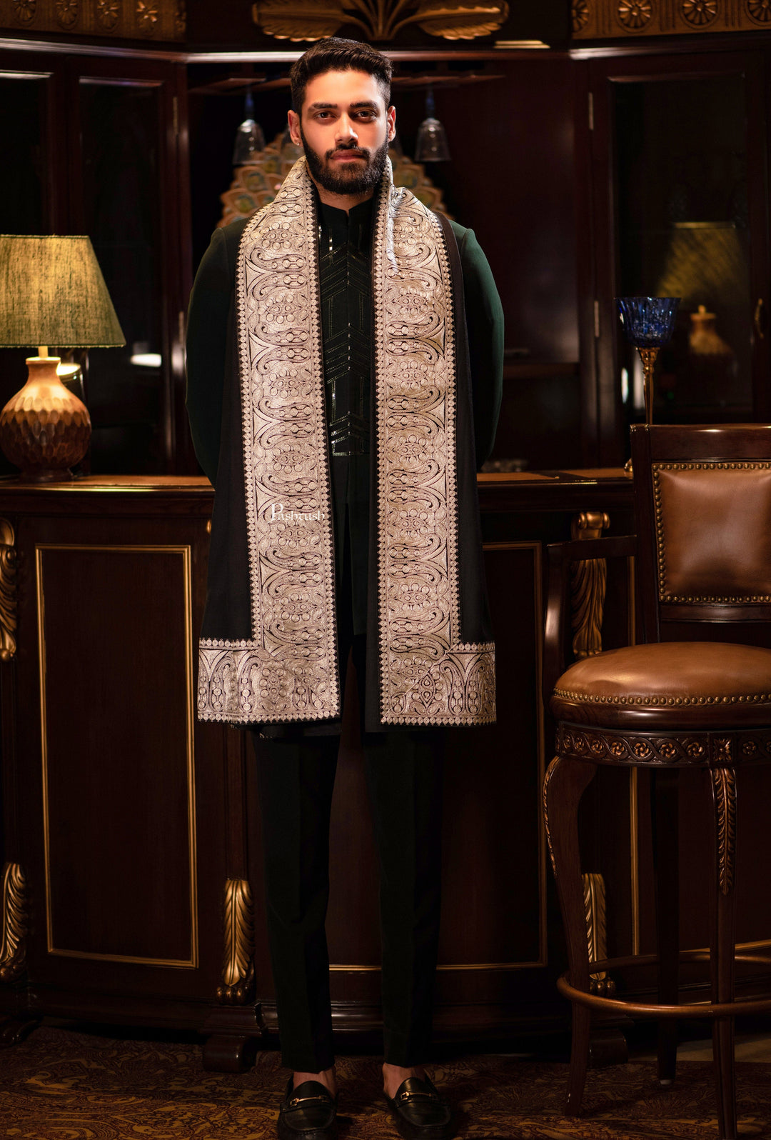 Pashtush India Mens Scarves Stoles and Mufflers Pashtush mens 100% Pure Wool with Woolmark Certificate shawl, Metallic Tilla border weave design, Black