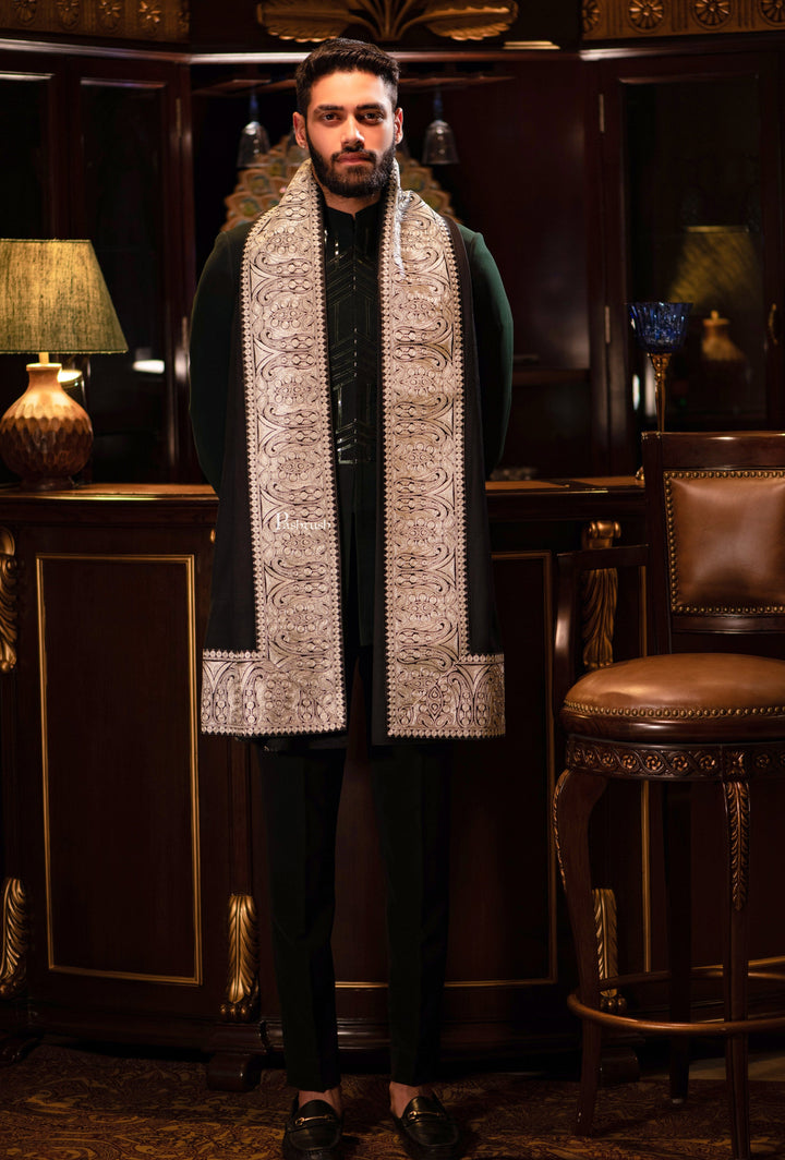 Pashtush India Mens Scarves Stoles and Mufflers Pashtush mens 100% Pure Wool with Woolmark Certificate shawl, Metallic Tilla border weave design, Black