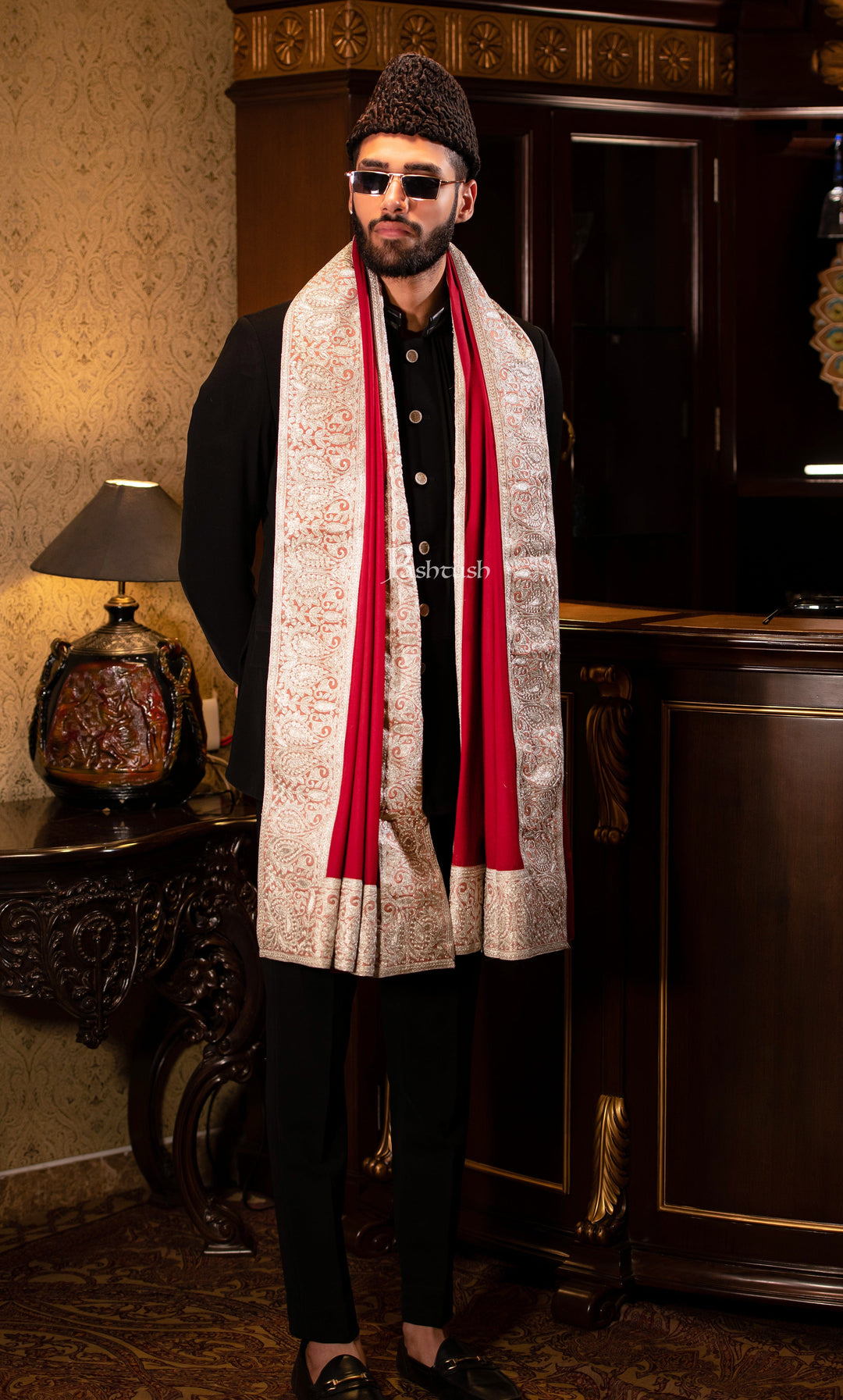 Pashtush India Mens Scarves Stoles and Mufflers Pashtush mens 100% Pure Wool with Woolmark Certificate shawl, Metallic Tilla border weave design, Maroon