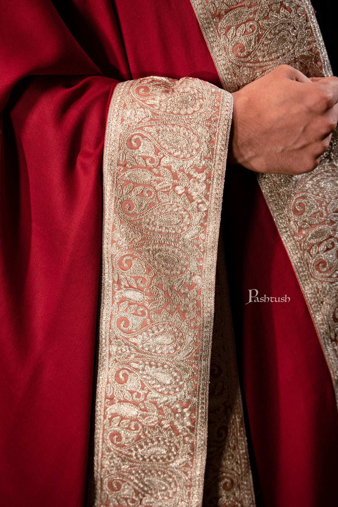 Pashtush India Mens Scarves Stoles and Mufflers Pashtush mens 100% Pure Wool with Woolmark Certificate shawl, Metallic Tilla border weave design, Maroon