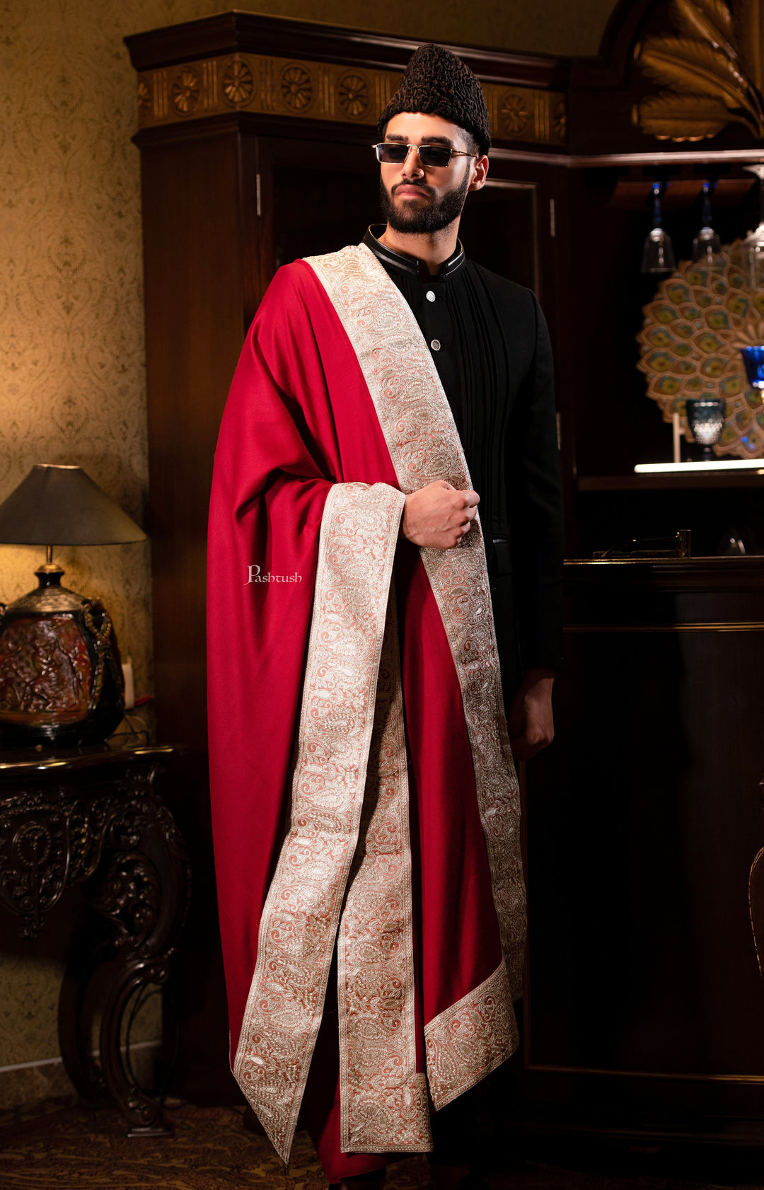 Pashtush India Mens Scarves Stoles and Mufflers Pashtush mens 100% Pure Wool with Woolmark Certificate shawl, Metallic Tilla border weave design, Maroon