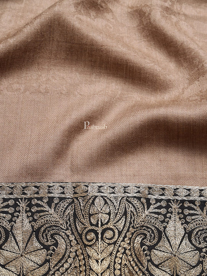 Pashtush India Mens Shawls Gents Shawl Pashtush mens 100% Pure Wool with Woolmark Certificate shawl, Metallic Tilla border weave design, Taupe