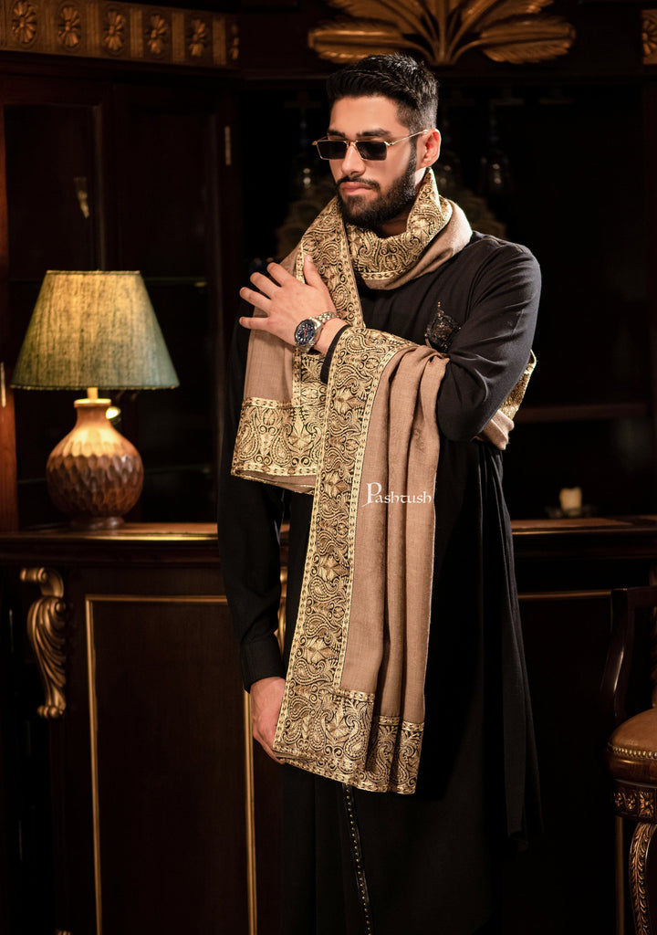 Pashtush India Mens Shawls Gents Shawl Pashtush mens 100% Pure Wool with Woolmark Certificate shawl, Metallic Tilla border weave design, Taupe