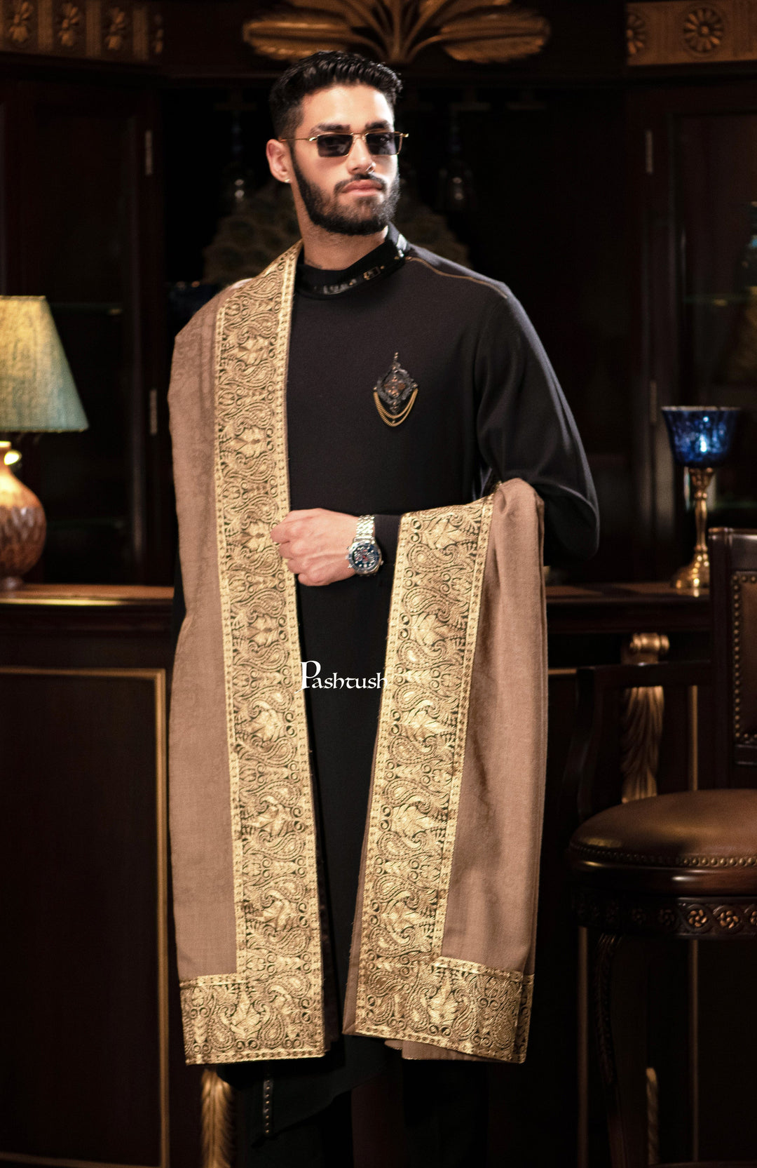Pashtush India Mens Shawls Gents Shawl Pashtush mens 100% Pure Wool with Woolmark Certificate shawl, Metallic Tilla border weave design, Taupe