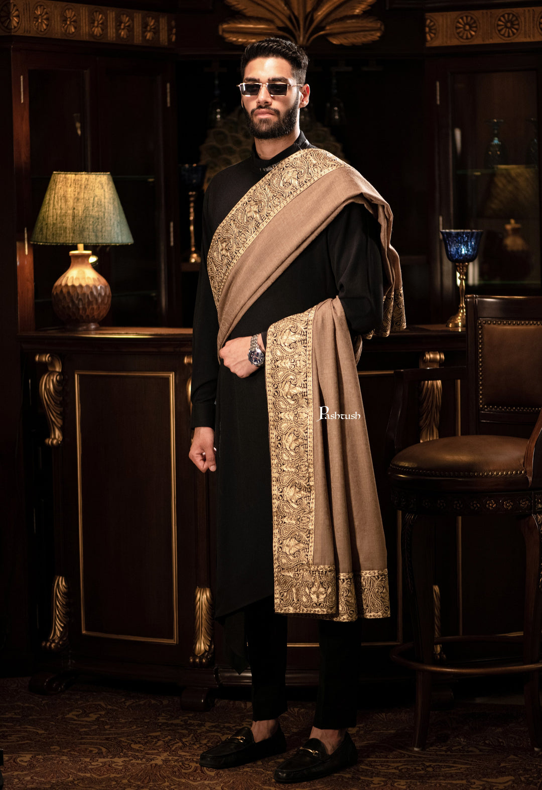 Pashtush India Mens Shawls Gents Shawl Pashtush mens 100% Pure Wool with Woolmark Certificate shawl, Metallic Tilla border weave design, Taupe