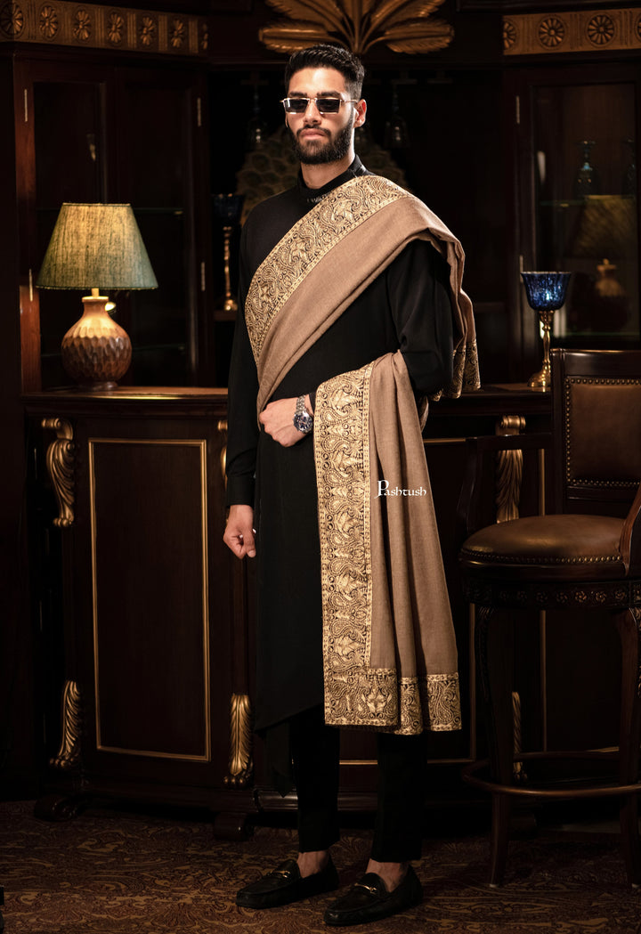 Pashtush India Mens Shawls Gents Shawl Pashtush mens 100% Pure Wool with Woolmark Certificate shawl, Metallic Tilla border weave design, Taupe