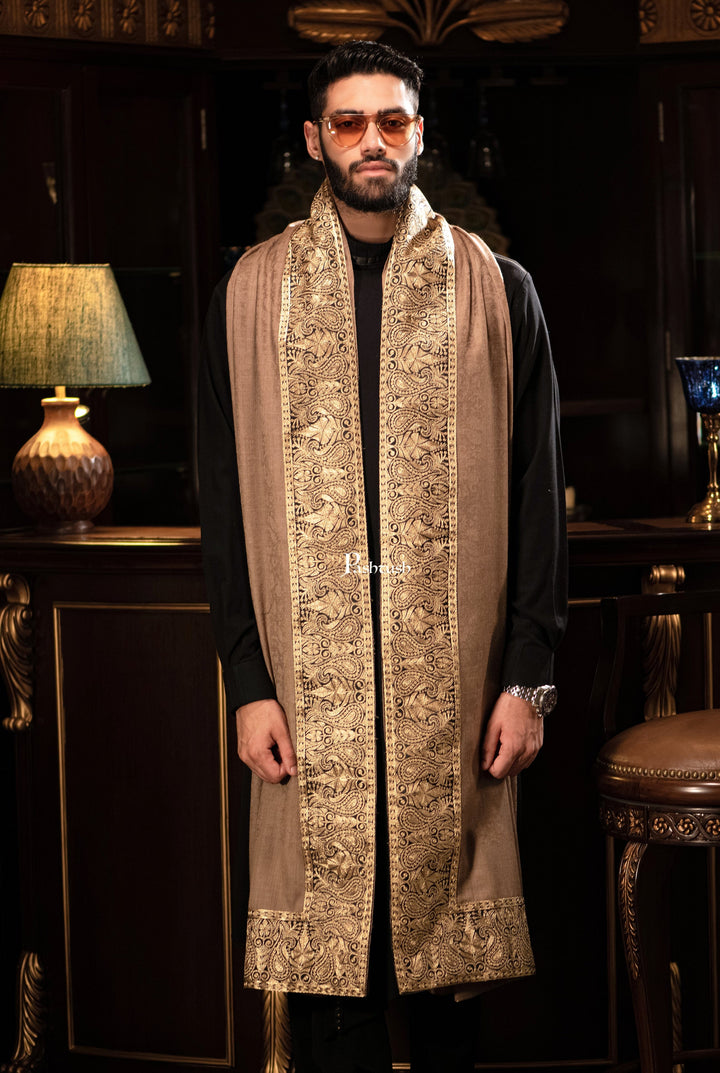 Pashtush India Mens Shawls Gents Shawl Pashtush mens 100% Pure Wool with Woolmark Certificate shawl, Metallic Tilla border weave design, Taupe
